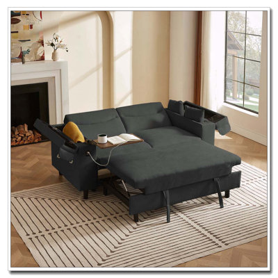 Dark Grey Chenille Sofa With Side Table And USB Port