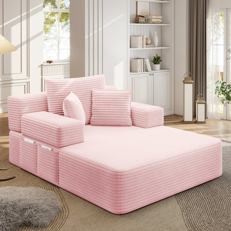Luxueuse chaise longue en velours côtelé moelleux avec 3 coussins, canapé-lit convertible avec poche de rangement, conception sans cadre et mousse de compression pour les petits espaces, salon, appartement