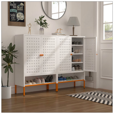 Armoire à chaussures à double porte Grid, trois compartiments réglables pour un rangement flexible, compartiment à langer creux suspendu, conception inférieure à 15 cm résistante à l'humidité