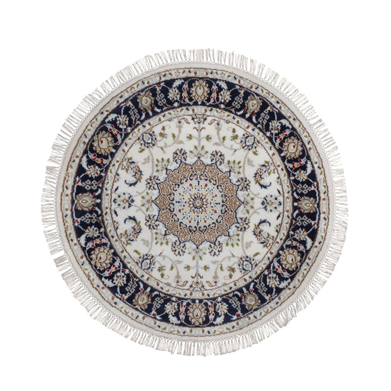 Tapis oriental rond 3 pi x 3 pi blanc perle, laine et soie, 250 KPSI, motif nain avec médaillon de fleurs, noué à la main, velours doux