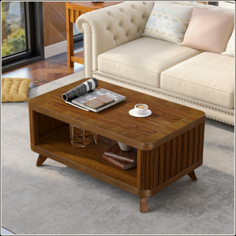 Table basse rectangulaire en bois pour le salon, table basse de 41,5 pouces avec pieds en bois massif, table basse en bois avec tablette de rangement ouverte. Assemblage facile, noyer