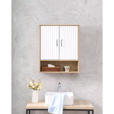 Bathroom Wall Cabinet, Double Door, Bottom Shelf, Adjustable Inner Shelf, White & Natural Wood | Gift Idea