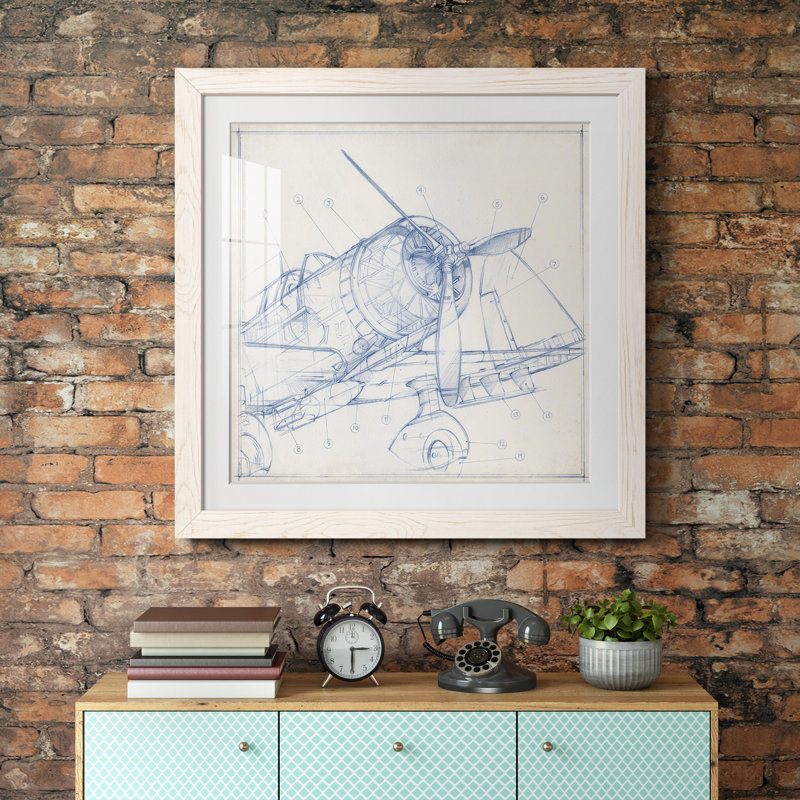 Croquis mécanique d'avion I-Premium, reproduction encadrée - prêt à être accroché, H 22,5 po x l 22,5 po x P 1,5 po, Blanc