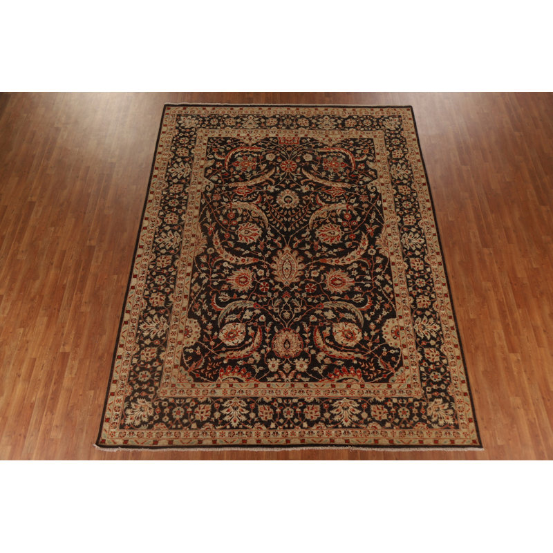 Tapis rectangulaire en laine noué à la main de conception unique en noir / ivoire / rouge / beige