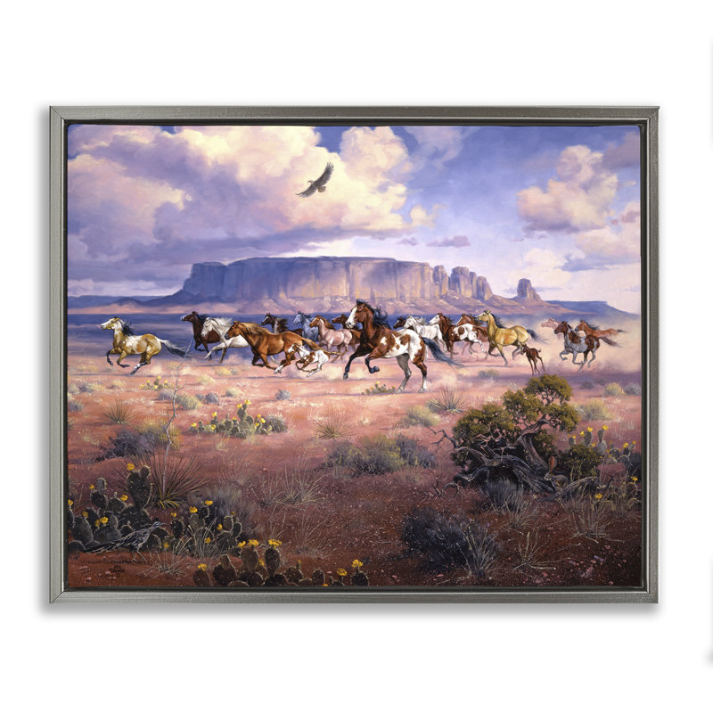 «Western Canyon Horse Stampede», art mural encadré doré sur toile, design par Jack Sorenson, H 25 po x l 31 po