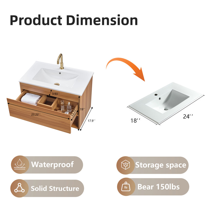 Ensemble de meuble-lavabo mural moderne 24 po et 30 po avec lavabos de comptoir et tiroirs à fermeture en douceur avec rangement ouvert