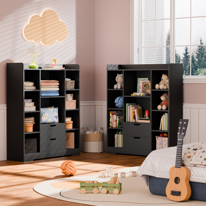 Achnas 39" W x 47" H Storage Bookcase with 10 Cubes and 2 Drawers, Black