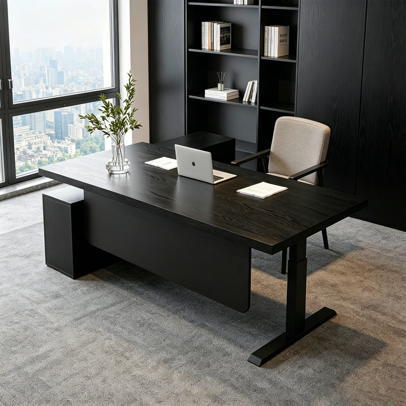 Bureau de direction réglable en hauteur en pin massif noir clair luxueux, avec rangement à 3 tiroirs, structure en acier robuste et plateau de table en bois massif, polyvalent pour de multiples cas de figure