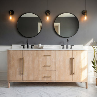 Meuble-lavabo double autoportant 72 po avec plateau en marbre et lavabo en céramique blanche Cirilla