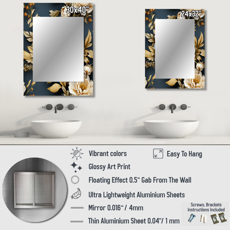 Adanya bleu élégant floral intemporel Wonderland - miroir abstrait, miroir mural décoratif moderne, art imprimé en métal