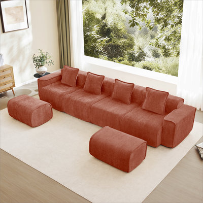 Canapé modulaire en U à 4 places avec passepoil à bordure française, sans assemblage requis, canapé à 4 places avec coussins décoratifs et 2 repose-pieds mobiles, tissu de velours rouge
