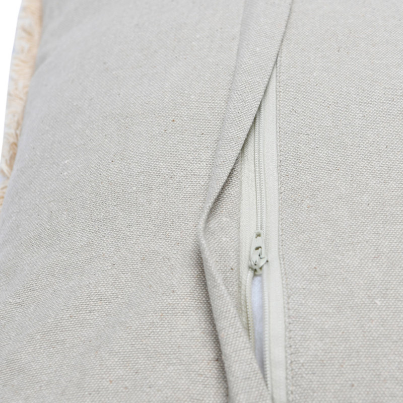 20" Square Beige Cotton Embroidered Pillow with Fringe