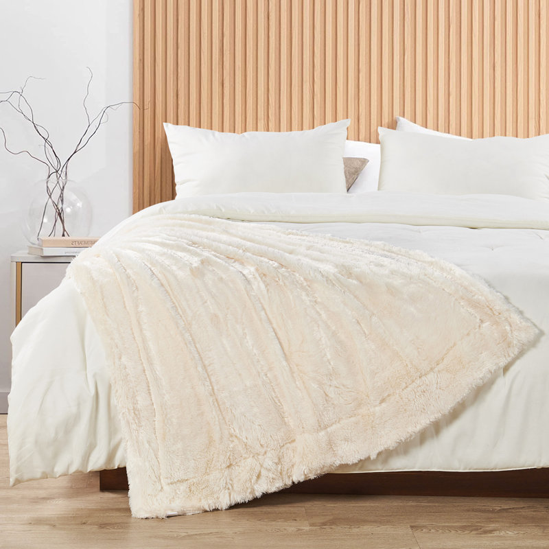 Ivory Reversible Faux Fur and Fleece Throw Blanket