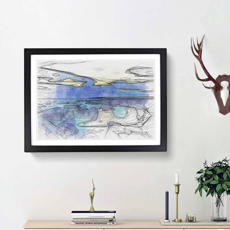 The Baltic Sea in Estonia in Abstract - Picture Frame Drawing Print, 48cm H x 65cm W x 2cm D, Black Framed