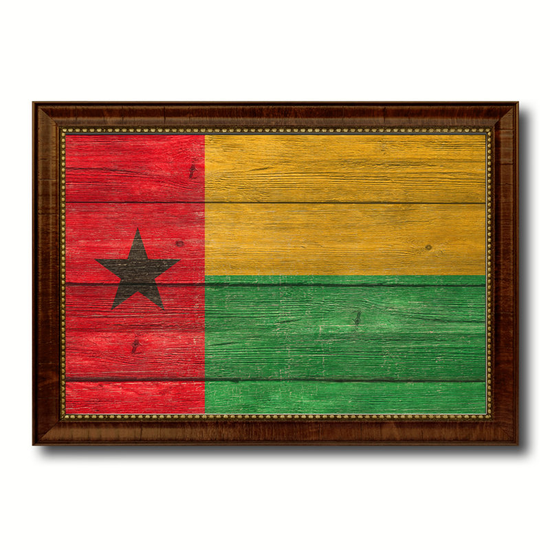 Guinea Bissau Country Flag on Canvas, 15" H x 21" W x 1" D, Brown Framed