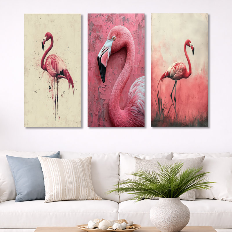 Tropical Flamingo Reflections in Pink Waters I - Flamant rose à 3 panneaux, H 32 po x l 48 po