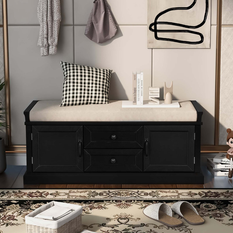 Banc de rangement avec coussin, 2 tiroirs et 2 armoires, coussin amovible, pour le salon, le vestibule, Noir
