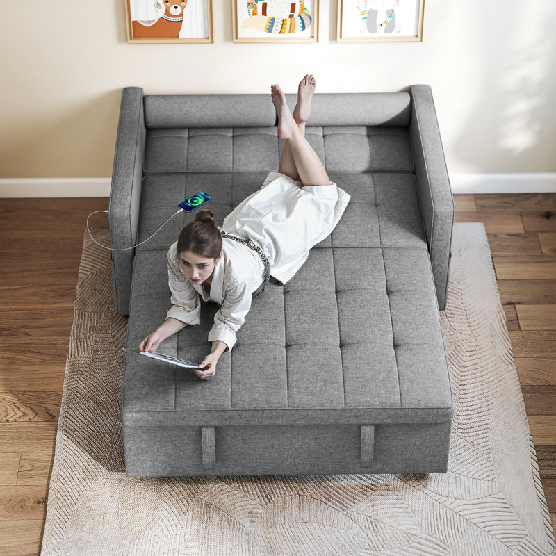 Canapé-lit, canapé-lit escamotable avec USB-A + C, revêtement en lin