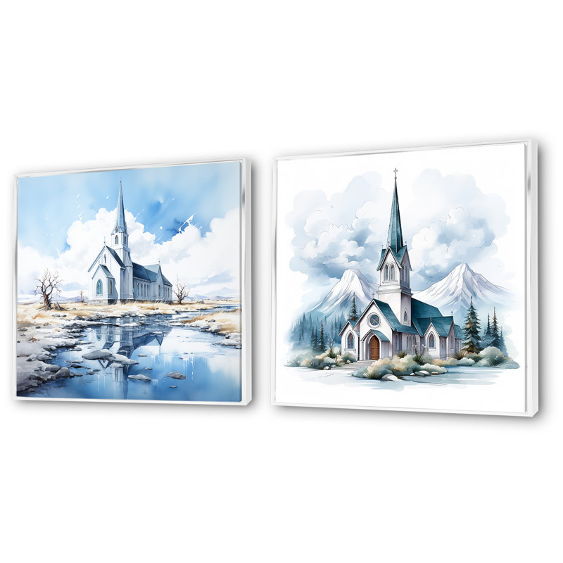 Mountain Church Sanctuary I - Ensemble de salon mural 2 pièces Church, Cadre flottant blanc, H 36 po x l 73 po x P 1,5 po