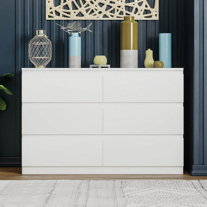 Commode double 6 tiroirs pour le couloir de la chambre à coucher, blanc