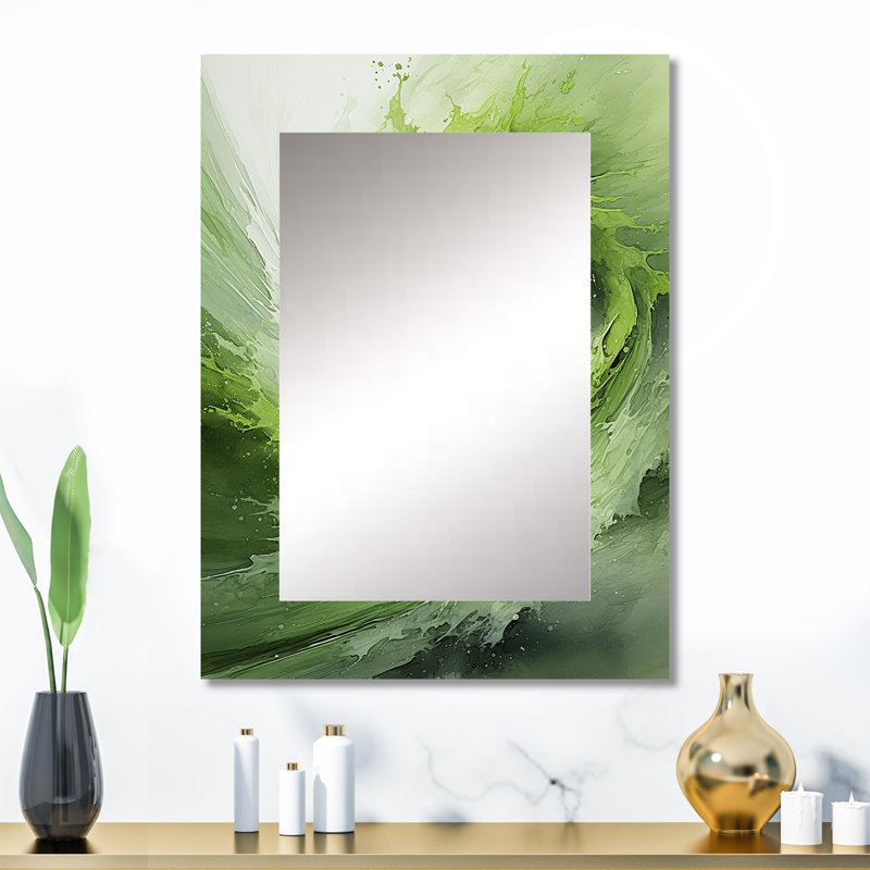 «Green and White Whsipering Abstract Spiral III», miroir décoratif à spirales abstraites, miroir mural moderne, impression sur métal