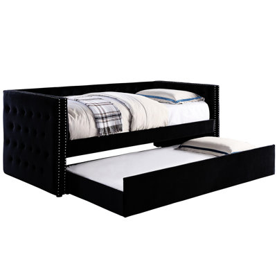 Black - Shaped Transitional Daybed With Trundle, Padded Flannelette Upholstery, Button , Nailhead Trim, Slat Kit Trundle In Style, Design,