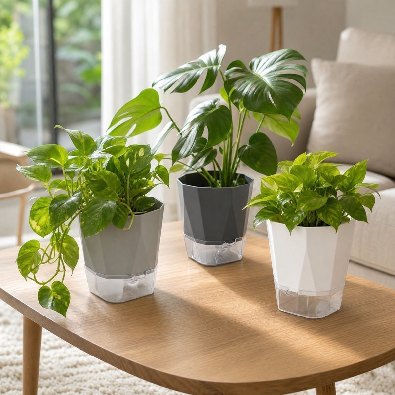 Pot de jardinage géométrique en plastique avec réservoir d'eau pour l'arrosage des jardins d'intérieur 3 couleurs