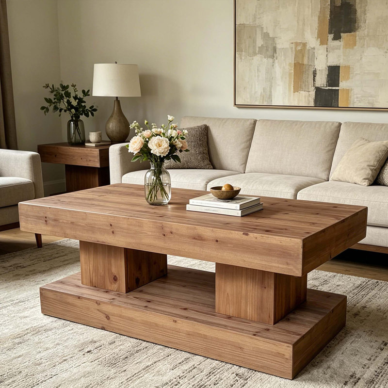 Table basse rustique en bois massif minimaliste avec plateau épais et base à double pilier, Natural