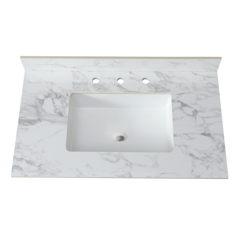 Bathroom Vanity Countertop 37"X22" - Sintered Stone White, Rectangular Undermount Ceramic Sink, Easy To Clean, Modern Style Concept White Sink Top With And 3 Faucet Holes