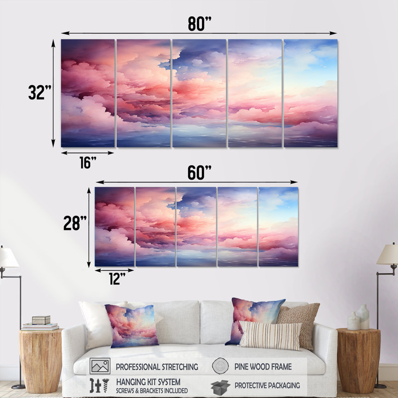 Ensemble de 5 décorations murales roses et bleues pastel Sky IV - Sky, H 32 po x l 80 po