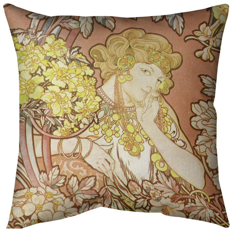 Coussin Alfons Mucha, 16 po x 1 po, Orange, Faux lin