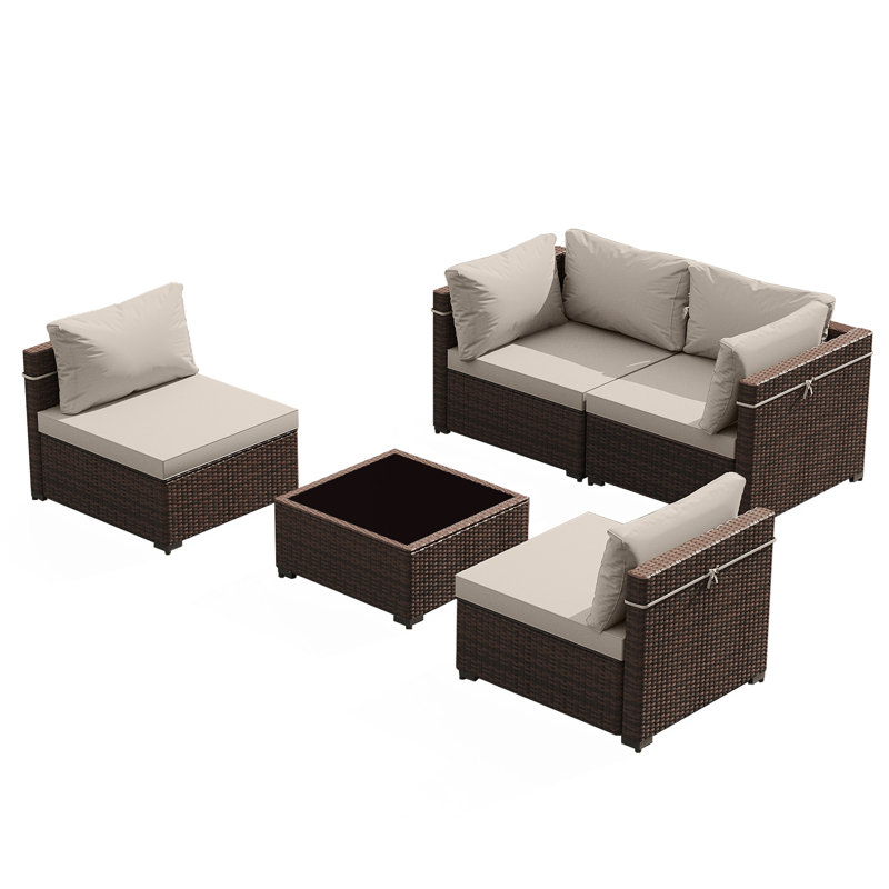 Ensemble de conversation 5 pièces en osier avec table basse et coussins, beige, Beige