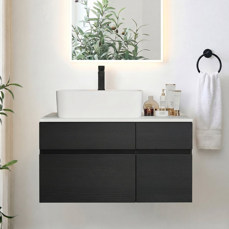 31.5" Modern Floating Bathroom Vanity with Faux Marble Top and Ceramic Vessel Sink, Black