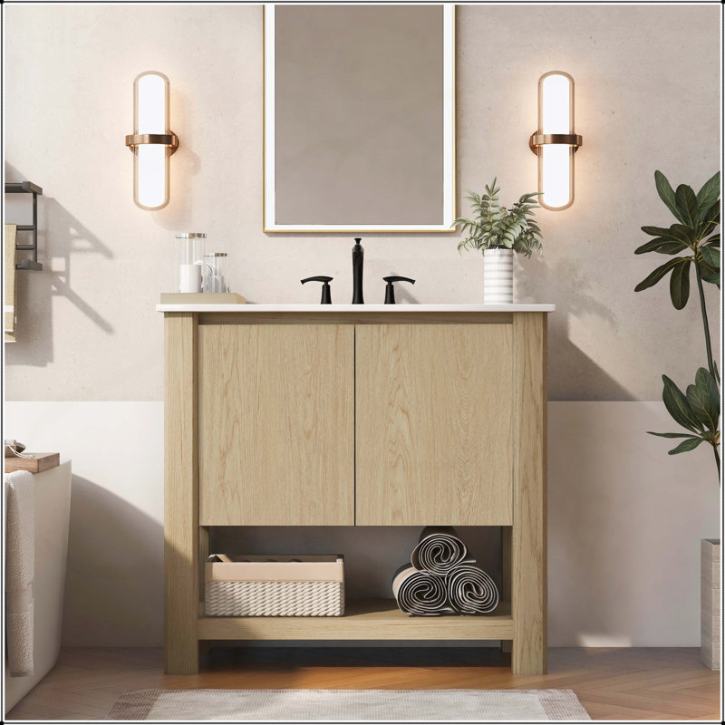 Meuble-lavabo moderne de 36 pouces avec lavabo en céramique, grand rangement, portes à fermeture douce et tablette ouverte