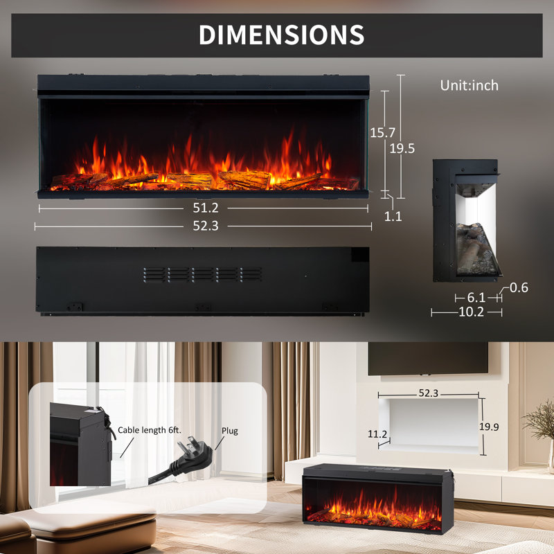 Smart Build In Electric Fireplace Insert, 1-2-3 Sided View, Heater 750W/1500W, Multi Colors Of Flame & Fuel Bed, Alexa/Google Assistant Enabled