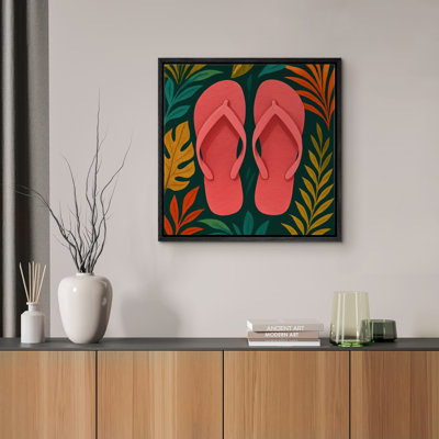 «Tropical Leaves with Red Flip Flops», reproduction d'art sur toile encadrée d'inspiration estivale colorée pour des intérieurs côtiers et éclectiques