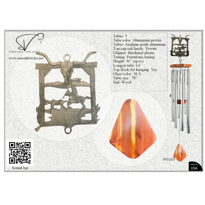 Carillon - Longhorn 36 po / étoile - tube argent - bois