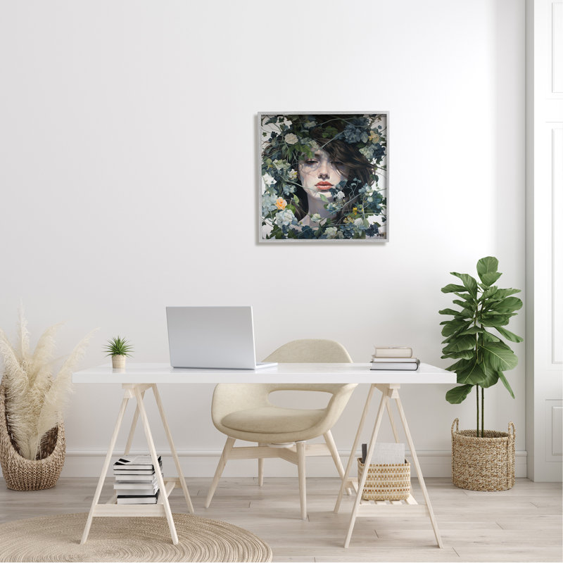 Bb-474-Femme encadrée avec des fleurs vertes, Estampe numérique Farmhouse, H 24 po x l 24 po x P 1,5 po