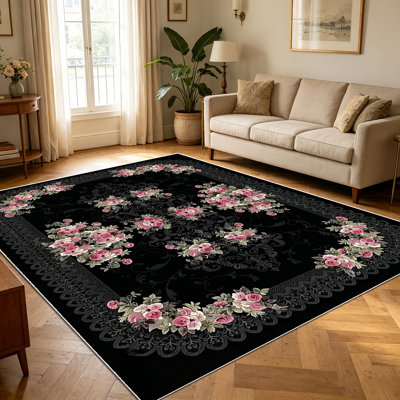 Tapis de fond en dentelle noire à motif floral rose de 1 pièce pour le salon, doux et confortable, convenant à toutes les saisons, facile à entretenir et lavable à la machine