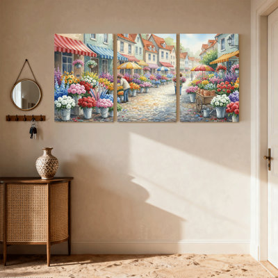 Ensemble de 3 impressions sur toile Scènes et paysages de marché aux fleurs colorées