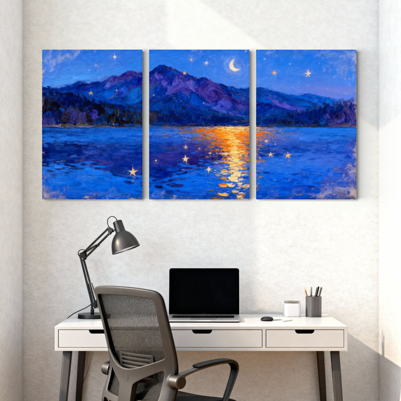 Abstrait ciel nocturne montagne lac reflets étoiles lune clair ensemble de 3 impressions sur toile, H 36 po x l 72 po