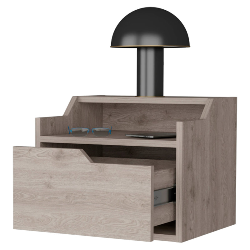 Grey Floating Nightstand With Display Shelves And Mountable Function Elegant Space Feature 1 Drawer, Light Grey