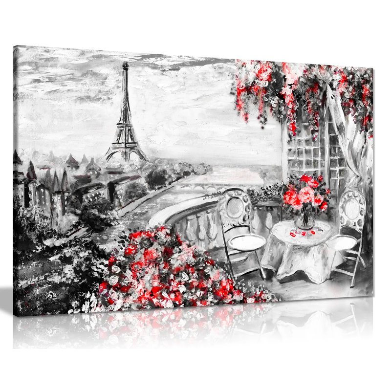 Abstract Floral Summer Cafe Paris Black & White Red - Wrapped Canvas Print, 76cm H x 51cm W