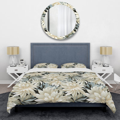 Ensemble de housse de couette à motif floral exotique gris et blanc