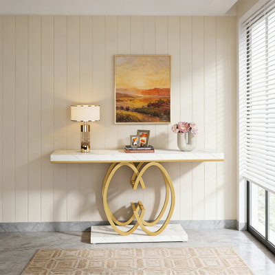 55" Modern Console Table With Faux Marble Top And Gold Geometric Base, Sofa & Hallway Accent Table
