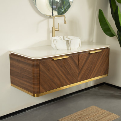 Meuble-lavabo flottant 48 po avec garniture dorée, lavabo vasque et capteur de lumière à DEL Absher, pré-assemblé