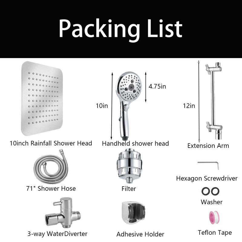 10'' Shower Head With Handheld, 20 Stage Filtered Shower Head,  6 Spray Settings Handheld Shower Head High Pressure Rainfall Filter Combo With 12'' Adjustable Extension Arm, 71'' Shower Hose