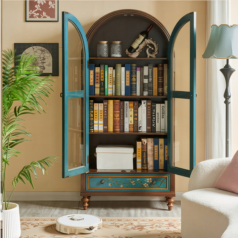 Vitrine vintage en bois massif bleu sarcelle-brun, peinte à la main, 80 cm (31,5 po)