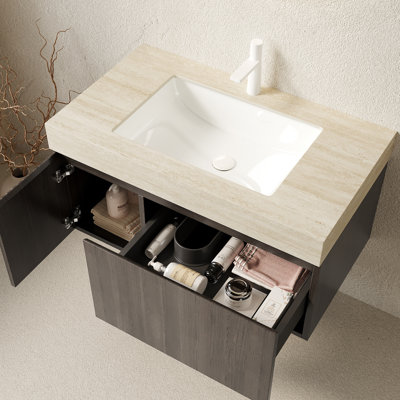 Meuble-lavabo et lavabo de salle de bain, armoire de rangement en contreplaqué flottant avec tiroir et porte, comptoir en pierre frittée Roma Travertine et lavabo en céramique avec 1 trou de robinet pré-percé, pré-assemblé