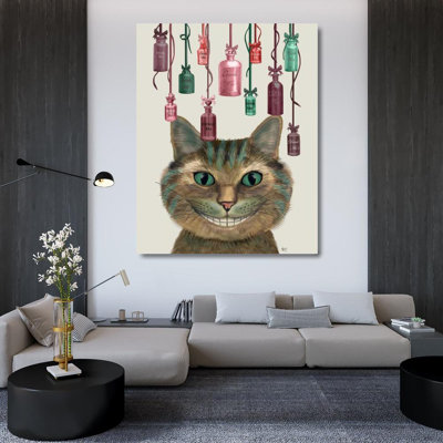 Astoria Grand Fab Funky Gallery Wrapped Canvas Art Titled: Cheshire Cat and Bottles